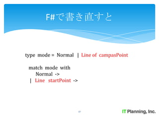 F#で書き直すと


type mode = Normal | Line of campasPoint

 match mode with
   Normal ->
 | Line startPoint ->




                        37
 