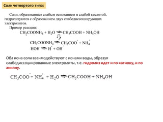 Соли четвертого типа:

   Соли, образованные слабым основанием и слабой кислотой,
гидролизуются с образованием двух слабодиссоциирующих
электролитов.
   Пример реакции:
        CH3COONH4 + H2O          CH3COOH + NH4OH
                                         -     +
              CH3COONH4    CH3COO + NH4
                      +     -
              HOH    H + OH

 Оба иона соли взаимодействуют с ионами воды, образуя
 слабодиссоциированные электролиты, т.е. гидролиз идет и по катиону, и по
 аниону.
 