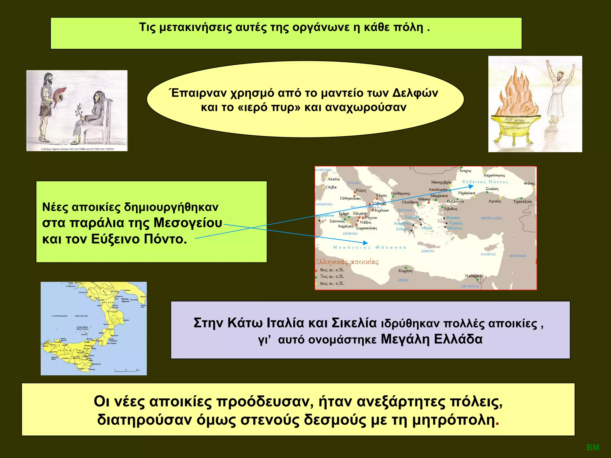 Τις μετακινήσεις αυτές της οργάνωνε η κάθε πόλη .  Νέες αποικίες δημιουργήθηκαν   στα παράλια της Μεσογείου  και τον Εύξεινο Πόντο.  Στην Κάτω Ιταλία και Σικελία  ιδρύθηκαν πολλές αποικίες ,  γι ’  αυτό ονομάστηκε  Μεγάλη Ελλάδα Έπαιρναν χρησμό από το μαντείο των Δελφών  και το «ιερό πυρ» και αναχωρούσαν   Οι νέες αποικίες προόδευσαν, ήταν ανεξάρτητες πόλεις, διατηρούσαν όμως στενούς δεσμούς με τη μητρόπολη .  ΒΜ 