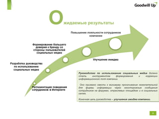 О жидаемые результаты Руководство по использованию социальных медиа  должно стать инструментом формирования и коррекции информационного поля компании. Оно призвано свести к минимуму просачивание нежелательной для фирмы информации через неосторожные сообщения сотрудников на форумах, отраслевых площадках и в социальных сетях.  Конечная цель руководства –  улучшение имиджа компании. Повышение лояльности сотрудников компании 