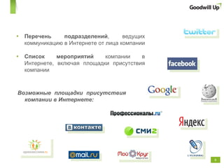 Перечень подразделений , ведущих коммуникацию в Интернете от лица компании  Список мероприятий  компании в Интернете, включая площадки присутствия компании Возможные площадки присутствия компании в Интернете : 