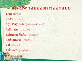 องค์ประกอบของการออกแบบ 1. จุด   (Dots) 2. เส้น   (Line) 3. รูปร่างรูปทรง   (Shape-Form) 4. ปริมาตร   (Volume) 5. ลักษณะพื้นผิว   (Texture) 6. บริเวณว่าง   (Space) 7. สี   (Color) 8. น้ำหนัก   (Weight) 9. สื่อ   (Value) 