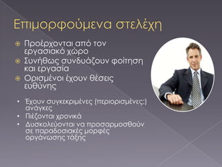    Προέρχονται από τον
    εργασιακό χώρο
   ΢υνήθως συνδυάζουν φοίτηση
    και εργασία
   Ορισμένοι έχουν θέσεις
    ευθύνης
• Έχουν συγκεκριμένες (περιορισμένες;)
  ανάγκες
• Πιέζονται χρονικά
• Δυσκολεύονται να προσαρμοσθούν
  σε παραδοσιακές μορφές
  οργάνωσης τάξης
 