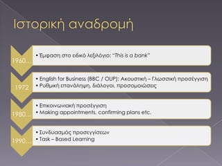 • Έμφαση στο ειδικό λεξιλόγιο: “This is a bank”
1960…

        • English for Business (BBC / OUP): Ακουστική – Γλωσσική προσέγγιση
 1972   • Ρυθμική επανάληψη, διάλογοι, προσομοιώσεις


      • Επικοινωνιακή προσέγγιση
1980… • Making appointments, confirming plans etc.

      • ΢υνδυασμός προσεγγίσεων
1990… • Task – Based Learning
 