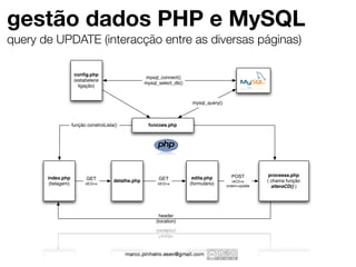 gestão dados PHP e MySQL
query de UPDATE (interacção entre as diversas páginas)

                      conﬁg.php
                                                       mysql_connect()
                      (estabelece
                                                       mysql_select_db()
                        ligação)


                                                                            mysql_query()



                     função constroiLista()             funcoes.php




                                                                                              POST          processa.php
       index.php            GET                              GET            edita.php
                                         detalhe.php                                           idCD=x      ( chama função
        (listagem)         idCD=x                           idCD=x         (formulário)     ordem=update     alteraCD() )




                                                              header
                                                            (location)
 