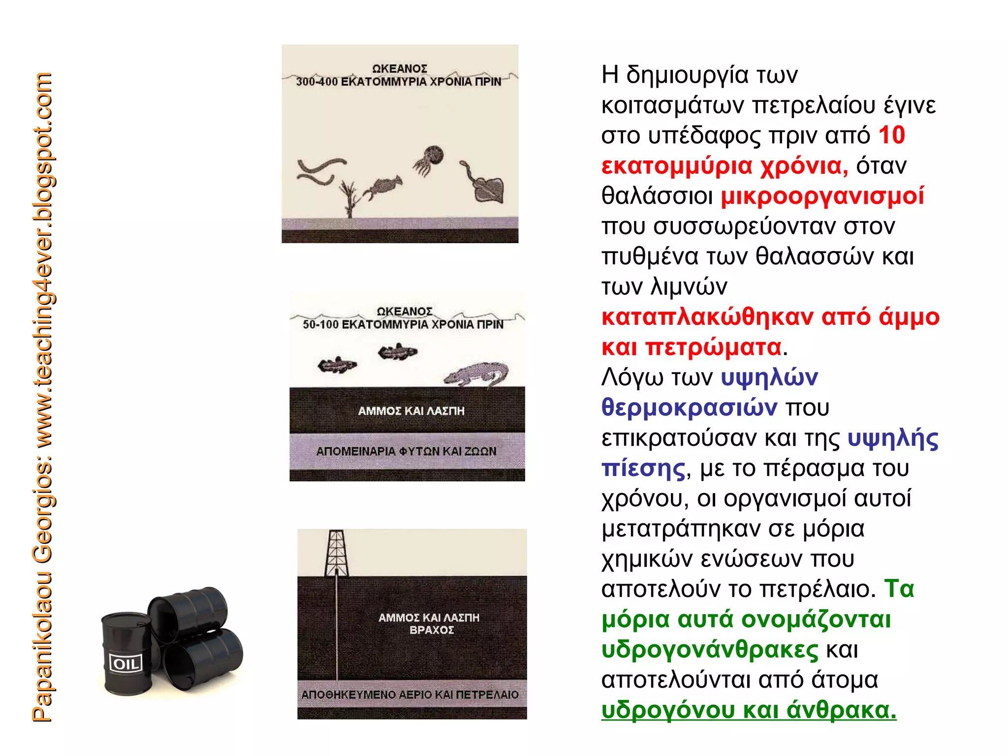 Papanikolaou Georgios: www.teaching4ever.blogspot.com Η δημιουργία των κοιτασμάτων πετρελαίου έγινε στο υπέδαφος πριν από  10 εκατομμύρια χρόνια,  όταν θαλάσσιοι  μικροοργανισμοί  που συσσωρεύονταν στον πυθμένα των θαλασσών και των λιμνών  καταπλακώθηκαν από άμμο και πετρώματα .  Λόγω των  υψηλών θερμοκρασιών  που επικρατούσαν και της  υψηλής πίεσης , με το πέρασμα του χρόνου, οι οργανισμοί αυτοί μετατράπηκαν σε μόρια χημικών ενώσεων που αποτελούν το πετρέλαιο.  Τα μόρια αυτά ονομάζονται υδρογονάνθρακες  και αποτελούνται από άτομα  υδρογόνου και άνθρακα. 