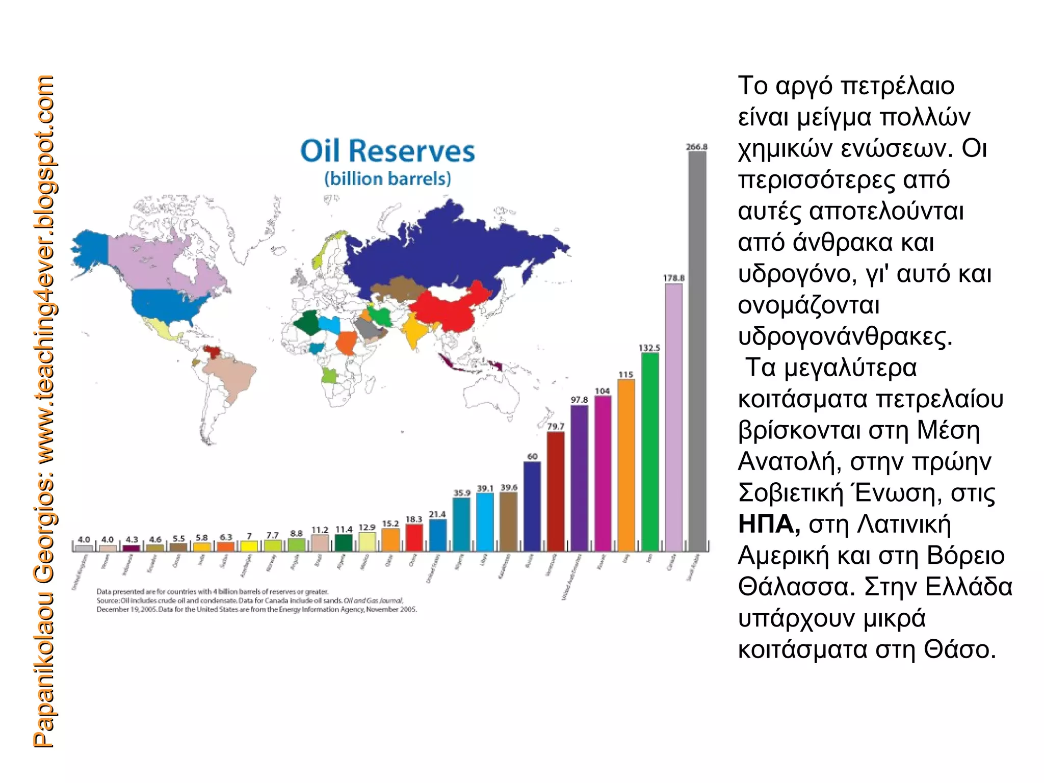 Papanikolaou Georgios: www.teaching4ever.blogspot.com Το αργό πετρέλαιο είναι μείγμα πολλών χημικών ενώσεων. Οι περισσότερες από αυτές αποτελούνται από άνθρακα και υδρογόνο, γι' αυτό   και ονομάζονται υδρογονάνθρακες. Τα μεγαλύτερα κοιτάσματα πετρελαίου βρίσκονται στη Μέση Ανατολή, στην πρώην Σοβιετική Ένωση, στις  ΗΠΑ,  στη Λατινική Αμερική και   στη Βόρειο Θάλασσα. Στην Ελλάδα υπάρχουν μικρά κοιτάσματα στη   Θάσο. 