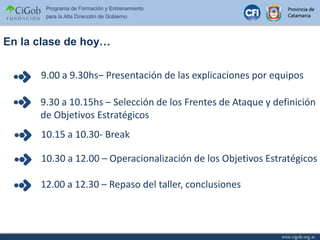 En la clase de hoy…9.00 a 9.30hs– Presentación de las explicaciones por equipos9.30 a 10.15hs – Selección de los Frentes de Ataque y definición de Objetivos Estratégicos10.15 a 10.30- Break10.30 a 12.00 – Operacionalización de los Objetivos Estratégicos  12.00 a 12.30 – Repaso del taller, conclusiones 