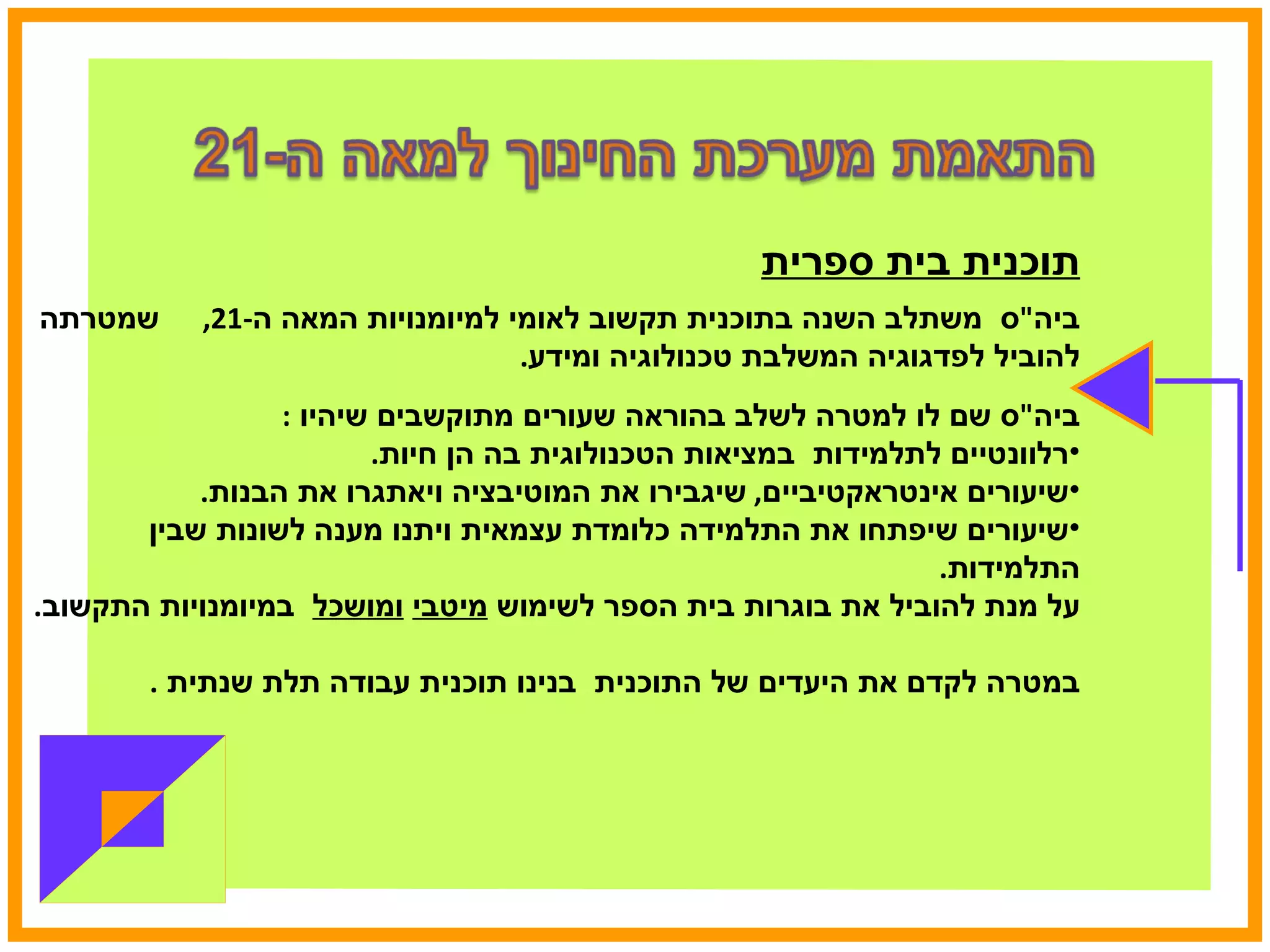 תוכנית בית ספרית ביה " ס  משתלב השנה בתוכנית תקשוב לאומי למיומנויות המאה ה -21,  שמטרתה להוביל לפדגוגיה המשלבת טכנולוגיה ומידע .  ביה " ס שם לו למטרה לשלב בהוראה שעורים מתוקשבים שיהיו  : רלוונטיים לתלמידות  במציאות הטכנולוגית בה הן חיות .  שיעורים אינטראקטיביים ,  שיגבירו את המוטיבציה ויאתגרו את הבנות . שיעורים שיפתחו את התלמידה כלומדת עצמאית ויתנו מענה לשונות שבין התלמידות .  על מנת להוביל את בוגרות בית הספר לשימוש  מיטבי   ומושכל   במיומנויות התקשוב . במטרה לקדם את היעדים של התוכנית  בנינו תוכנית עבודה תלת שנתית  . 