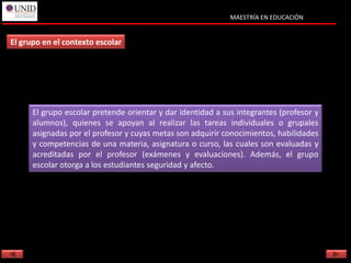 MAESTRÍA EN EDUCACIÓN


El grupo en el contexto escolar




      El grupo escolar pretende orientar y dar identidad a sus integrantes (profesor y
      alumnos), quienes se apoyan al realizar las tareas individuales o grupales
      asignadas por el profesor y cuyas metas son adquirir conocimientos, habilidades
      y competencias de una materia, asignatura o curso, las cuales son evaluadas y
      acreditadas por el profesor (exámenes y evaluaciones). Además, el grupo
      escolar otorga a los estudiantes seguridad y afecto.
 