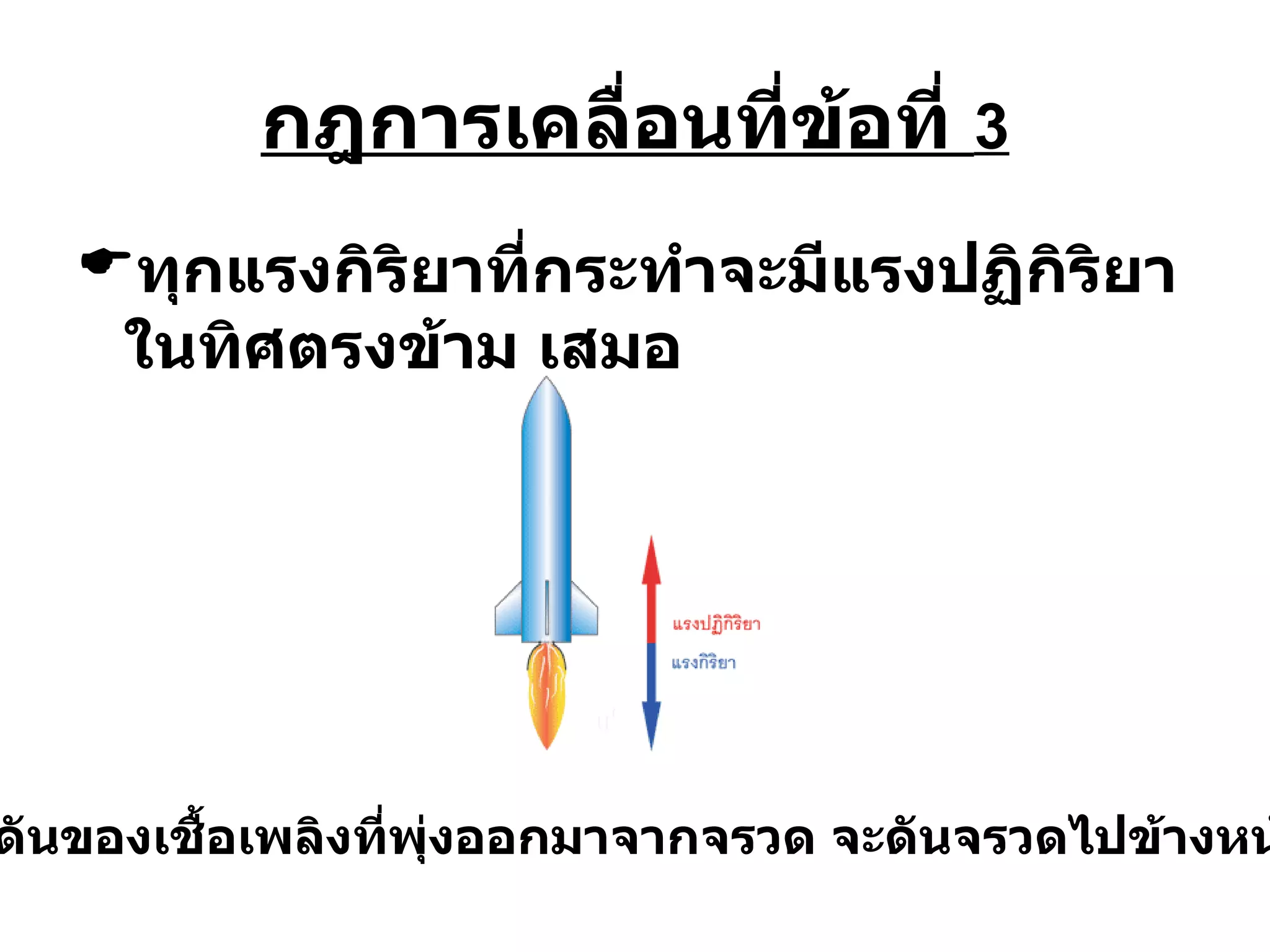 กฎการเคลื่อนที่ข้อที่  3 ทุกแรงกิริยาที่กระทำจะมีแรงปฏิกิริยาในทิศตรงข้าม เสมอ แรงดันของเชื้อเพลิงที่พุ่งออกมาจากจรวด จะดันจรวดไปข้างหน้า 
