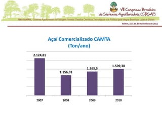 Açaí Comercializado CAMTA
                   (Ton/ano)
2.124,81


                                       1.509,38
                          1.365,5
               1.156,01




 2007            2008      2009         2010
 
