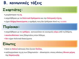 Β. κοινωνικές τάξεις 
Σπαρτιάτες: 
• μοιράστηκαν τη γη, 
• ασχολήθηκαν με τα πολιτικά πράγματα και την πολεμική τέχνη, 
• είχαν πλήρη δικαιώματα, ο αριθμός τους δεν ξεπέρασε ποτέ τις 10.000. 
Περίοικοι: 
• ασχολήθηκαν με το εμπόριο, κατοικούσαν σε οικισμούς γύρω από τη Σπάρτη, 
• ακολουθούσαν τους Σπαρτιάτες στον πόλεμο, 
• δεν είχαν πολιτικά δικαιώματα. 
Είλωτες 
• ήταν οι παλιοί κάτοικοι που έγιναν δούλοι, 
• καλλιεργούσαν τη γη των Σπαρτιατών – ιδιοκτητών, στους οποίους έδιναν μέρος 
της παραγωγής. 
 