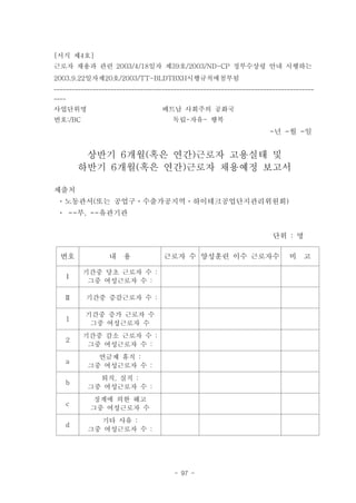 [서식 제4호]
근로자 채용과 관련 2003/4/18일자 제39호/2003/ND-CP 정부수상령 안내 시행하는
2003.9.22일자제20호/2003/TT-BLDTBXH시행규칙에첨부됨
---------------------------------------------------------------------------------------
----
사업단위명                               베트남 사회주의 공화국
번호:/BC                                 독립-자유- 행복
                                                                        -년 -월 -일


            상반기 6개월(혹은 연간)근로자 고용실태 및
           하반기 6개월(혹은 연간)근로자 채용예정 보고서

제출처
 ㆍ노동관서(또는 공업구ㆍ수출가공지역ㆍ하이테크공업단지관리위원회)
 ㆍ --부, --유관기관


                                                                         단위 : 명

  번호              내    용            근로자 수 양성훈련 이수 근로자수                        비    고

           기간중 당초 근로자 수 :
   Ⅰ
            그중 여성근로자 수 :

   Ⅱ        기간중 증감근로자 수 :

           기간중 증가 근로자 수
   1
            그중 여성근로자 수
           기간중 감소 근로자 수 :
   2
            그중 여성근로자 수 :
              연금제 휴직 :
       a
            그중 여성근로자 수 :
              퇴직, 실직 :
   b
            그중 여성근로자 수 :
             징계에 의한 해고
       c
            그중 여성근로자 수
              기타 사유 :
   d
            그중 여성근로자 수 :




                                        - 97 -
 