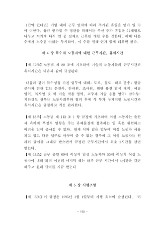 (만약 있다면) 기업 내의 근무 연차에 따라 추가된 휴일을 연가 일 수
에 더한다. 유급 연가일 수 정산을 위해서는 우선 추가 휴일을 12개월로
나누고 여기에 다시 연 중 실제로 근무한 개월 수를 곱한다. 이때 나온
수에서 소수점 이하는 무시하며, 이 수를 원래 연가 일에 더하면 된다.


       제 4 장 특수직 노동자에 대한 근무시간, 휴식시간


【제 12조】노동법 제 80 조에 기초하여 기술직 노동자들의 근무시간과
휴식시간은 다음과 같이 규정된다


다음과 같이 특수성을 가진 업무에 대해: 도로, 철로, 해로 운송; 항공
분야와 연관 없는 운전사, 안내원, 조사원, 해안 유전 탐색 개척: 예술
영역, 복사열 및 핵 기술 적용 영역, 고주파 기술 응용 영역; 잠수부:
지하갱도 광부는 노동사회부와 협의 후에 각 부가 구체적인 노동시간과
휴식시간을 규정하고 직접 관리한다.


【제 13조】노동법 제 113 조 1 항 규정에 기초하여 여성 노동자는 출산
과 육아에 부정적 영향을 주는 유해물질에 접촉하는 일 혹은 위험하고
어려운 일에 종사할 수 없다. 현재 이와 같은 업무에 여성 노동자 사용
되고 있고 다른 업무로 바꾸어 줄 수 없는 경우에 그 여성 노동자는 원
래의 급여를 그대로 받으면서 규정된 근무시간에서 최소 2시간을 감면
받는다.
【제 14조】근무 중인 60세 이상의 남성 노동자와 55세 이상의 여성 노
동자에 대해 퇴직 이전의 마지막 해는 하루 근무 시간에서 4시간을 감면
해주고 원래 급여를 지급 받는다




                제 5 장 시행조항


【제 15조】이 규정은 1995년 1월 1일부터 시행 효력이 발생된다.   이



                    - 160 -
 