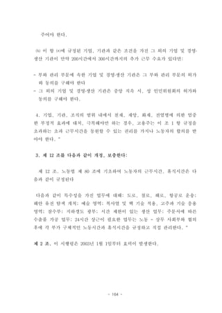 주어야 한다.


⒝ 이 항 ⒜에 규정된 기업, 기관과 같은 조건을 가진 그 외의 기업 및 경영․
생산 기관이 만약 200시간에서 300시간까지의 추가 근무 수요가 있다면:


- 부와 관리 부문에 속한 기업 및 경영․생산 기관은 그 부와 관리 부문의 허가
 와 동의를 구해야 한다
- 그 외의 기업 및 경영․생산 기관은 중앙 직속 시, 성 인민위원회의 허가와
 동의를 구해야 한다.


4. 기업, 기관, 조직의 범위 내에서 천재, 재앙, 화재, 전염병에 의한 엄중
한 부정적 효과에 대처, 극복해야만 하는 경우, 고용주는 이 조 1 항 규정을
초과하는 초과 근무시간을 동원할 수 있는 권리를 가지나 노동자의 합의를 받
아야 한다.“


3. 제 12 조를 다음과 같이 개정, 보충한다:


 제 12 조. 노동법 제 80 조에 기초하여 노동자의 근무시간, 휴식시간은 다
음과 같이 규정된다


다음과 같이 특수성을 가진 업무에 대해: 도로, 철로, 해로, 항공로 운송;
해안 유전 탐색 개척; 예술 영역; 복사열 및 핵 기술 적용, 고주파 기술 응용
영역; 잠수부; 지하갱도 광부; 시간 제한이 있는 생산 업무; 주문서에 따른
수출품 가공 업무; 24시간 상근이 필요한 업무는 노동 - 상무 사회부와 협의
후에 각 부가 구체적인 노동시간과 휴식시간을 규정하고 직접 관리한다.“


제 2 조. 이 시행령은 2003년 1월 1일부터 효력이 발생한다.




                     - 164 -
 