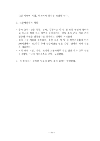 15일 이내에 기업, 단체에게 회신을 해줘야 한다.


3. 노동사회부의 책임


- 추가 근무시간을 독촉, 검사, 감찰하는 시 및 성 노동 연맹과 협력하
 고 동시에 실현 감사 업무를 증강시킨다. 만약 추가 근무 시간 관련
 엄중한 위반을 발견했다면 엄격하고 명확히 처리한다
- 허가 신청 서류를 접수하고, 중앙 직속 시 및 성 인민위원회에 연간
 200시간에서 300시간 추가 근무시간을 얻은 기업, 단체의 허가 결정
 을 제출한다
- 지역 내의 기업, 기관, 조직의 노동사회부 관련 연간 추가 근무 실현
 을 6개월, 1년에 정기적으로 종합, 보고한다.


4. 이 통지서는 공포된 날부터 15일 후에 효력이 발생한다.




                  - 169 -
 