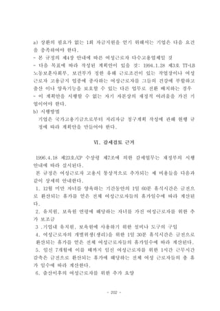 a) 상환의 필요가 없는 1회 자금지원을 얻기 위해서는 기업은 다음 요건
을 충족하여야 한다.
- 본 규정의 제4장 안내에 따른 여성근로자 다수고용업체일 것
- 다음 목표에 따라 작성된 계획안이 있을 것: 1994.1.28 제3호 TT-LB
노동보훈사회부, 보건부가 정한 유해 근로조건이 있는 작업장이나 여성
근로자 고용금지 업종에 종사하는 여성근로자를 그들의 건강에 부합하고
출산 이나 양육기능을 보호할 수 있는 다른 업무로 전환 배치하는 경우
- 이 계획안을 시행할 수 없는 자기 자본상의 재정적 어려움을 가진 기
업이어야 한다.
b) 시행방법
 기업은 국가고용기금으로부터 저리자금 청구계획 작성에 관해 현행 규
 정에 따라 계획안을 만들어야 한다.


                 Ⅵ. 감세검토 근거


1996.4.18 제23호/CP 수상령 제7조에 의한 감세업무는 재정부의 시행
안내에 따라 실시된다.
본 규정은 여성근로자 고용시 통상적으로 추가되는 제 비용들을 다음과
같이 상세히 안내한다.
1. 12월 미만 자녀를 양육하는 기간동안의 1일 60분 휴식시간은 금전으
로 환산되는 휴가를 얻은 전체 여성근로자들의 휴가일수에 따라 계산된
다.
2. 유치원, 보육원 연령에 해당하는 자녀를 가진 여성근로자를 위한 추
가 보조금
3 .기업내 유치원, 보육원에 사용하기 위한 설비나 도구의 구입
4. 여성근로자의 개별위생(생리)을 위한 1일 30분 휴식시간은 금전으로
환산되는 휴가를 얻은 전체 여성근로자들의 휴가일수에 따라 계산된다.
5. 임신 7개월에 이를 때까지 임신 여성근로자를 위한 1시간 근무시간
감축은 금전으로 환산되는 휴가에 해당하는 전체 여성 근로자들의 총 휴
가 일수에 따라 계산한다.
6. 출산이후의 여성근로자를 위한 추가 요양


                    - 202 -
 