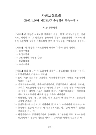 사회보험조례
     (1995.1.26자 제12호/CP 수상령에 부속하여 )

                  제1장 공통원칙


【제1조】이 규정은 사회보험 참가자가 질병, 임신, 근로능력상실, 정년
퇴직, 사망한 때 그 사회보험 참가자나 가정의 생활안정에 기여하기 위
하여 노동법에 규정한 사회보험에 관한 제 내용들을 구체적으로 정한다.


【제2조】 이 규정은 사회보험제에 대하여 다음과 같이 정한다.
 - 질병수당제
 - 출산수당제
 - 근로재해나 직업병 수당
 - 연금퇴직제
 - 사망수당제


【제3조】다음 대상은 이 조례에서 규정한 사회보험제를 적용해야 한다.
- 국영기업에서 근무하는 근로자
- 10인 이상 근로자를 고용하는 비국영경제부문에 속하는 기업내에서
 일하는 근로자
- 외국자본투자기업, 수출가공지역이나 공업구역내의 베트남 근로자,
  그리고 베트남에서 활동하는 외국의 기관이나 조직 혹은 국제조직에
  서 일하는 베트남 근로자 그러나 베트남 사회주의공화국이 체결참가
  하는 국제조약에서 다르게 정한 경우는 제외한다.
- 행정기관, 공영사업, 당 기관, 단체 소관의 각 공공서비스, 경영조직
 내에서 근로하는 자
- 인민무장조직 소관의 각 기업이나 각 서비스 조직내에서 근로하는 자
- 중앙에서 현급에 이르는 제 국가관리기관, 당, 단체 내에서 일하는
 선거직을 지닌 자
- 행정기관이나 공영사업기관에 종사하는 국가공무원 또는 국가고용직
 원,중앙에서 현급에 이르는 당이나, 단체기관 내에서 근로하는 자



                    - 211 -
 