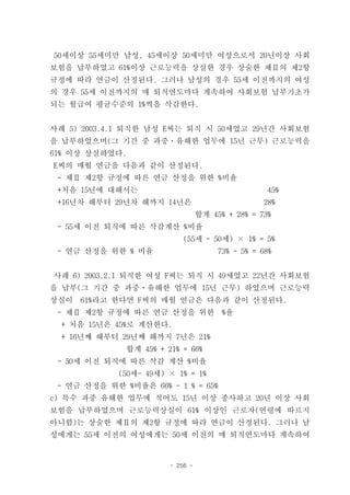50세이상 55세미만 남성, 45세이상 50세미만 여성으로서 20년이상 사회
보험을 납부하였고 61%이상 근로능력을 상실한 경우 상술한 제Ⅱ의 제2항
규정에 따라 연금이 산정된다. 그러나 남성의 경우 55세 이전까지의 여성
의 경우 55세 이전까지의 매 퇴직연도마다 계속하여 사회보험 납부기초가
되는 월급여 평균수준의 1%씩을 삭감한다.


사례 5) 2003.4.1 퇴직한 남성 E씨는 퇴직 시 50세였고 29년간 사회보험
을 납부하였으며(그 기간 중 과중ㆍ유해한 업무에 15년 근무) 근로능력을
61% 이상 상실하였다.
E씨의 매월 연금을 다음과 같이 산정된다.
 - 제Ⅱ 제2항 규정에 따른 연금 산정을 위한 %비율
 +처음 15년에 대해서는                                     45%
 +16년차 해부터 29년차 해까지 14년은                           28%
                                  합계 45% + 28% = 73%
 - 55세 이전 퇴직에 따른 삭감계산 %비율
                            (55세 - 50세) × 1% = 5%
 - 연금 산정을 위한 % 비율                      73% - 5% = 68%


사례 6) 2003.2.1 퇴직한 여성 F씨는 퇴직 시 49세였고 22년간 사회보험
을 납부(그 기간 중 과중ㆍ유해한 업무에 15년 근무) 하였으며 근로능력
상실이   61%라고 한다면 F씨의 매월 연금은 다음과 같이 산정된다.
 - 제Ⅱ 제2항 규정에 따른 연금 산정을 위한              %율
  + 처음 15년은 45%로 계산한다.
  + 16년째 해부터 29년째 해까지 7년은 21%
              합계 45% + 21% = 66%
 - 50세 이전 퇴직에 따른 삭감 계산 %비율
             (50세- 49세) × 1% = 1%
 - 연금 산정을 위한 %비율은 66% - 1 % = 65%
c) 특수 과중 유해한 업무에 적어도 15년 이상 종사하고 20년 이상 사회
보험을 납부하였으며 근로능력상실이 61% 이상인 근로자(연령에 따르지
아니함)는 상술한 제Ⅱ의 제2항 규정에 따라 연금이 산정된다. 그러나 남
성에게는 55세 이전의 여성에게는 50세 이전의 매 퇴직연도마다 계속하여


                        - 256 -
 