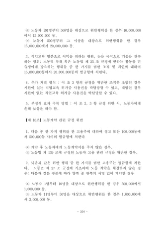 ⒟ 노동자 101명부터 500명을 대상으로 위반행위를 한 경우 10,000,000
에서 15,000,000 동.
⒠   노동자    500명부터    그   이상을           대상으로   위반행위를   한   경우
15,000,000에서 20,000,000 동.


3. 직업교육 명분으로 이익을 취하는 행위, 돈을 목적으로 기술을 전수
하는 행위; 노동력 착취 혹은 노동법 제 25 조 규정에 반하는 활동을 견
습생에게 강요하는 행위들 중 한 가지를 범한 조직 및 개인에 대하여
15,000,000동에서 20,000,000동의 벌금형에 처한다.


4. 추가 처벌 형식 : 이 조 3 항의 규정을 위반한 조직은 초범인 경우
시한이 있는 직업교육 허가증 사용권을 박탈당할 수 있고, 재범인 경우
시한이 없는 직업교육 허가증 사용권을 박탈당할 수 있다.


5. 부정적 효과 극복 방법 : 이 조 2, 3 항 규정 위반 시, 노동자에게
손해 보상을 해야 함.


【제 10조】노동계약 관련 규정 위반


1. 다음 중 한 가지 행위를 한 고용주에 대하여 경고 또는 100,000동에
서 500,000동 사이의 벌금형에 처한다


⒜ 계약 후 노동자에게 노동계약서를 주지 않은 경우.
⒝ 노동법 제 139 조에 규정된 노동자 고용 관련 규정을 위반한 경우.


2. 다음과 같은 위반 행위 중 한 가지를 범한 고용주는 벌금형에 처한
다. 노동법 제 27 조 규정에 기초하여 노동 계약을 체결하지 않은 경
우; 다음과 같은 수준에 따라 양쪽 중 한쪽의 서명 없이 계약한 경우


 ⒜ 노동자 1명부터 10명을 대상으로 위반행위를 한 경우 500,000에서
1,000,000 동.
⒝ 노동자 11명부터 50명을 대상으로 위반행위를 한 경우 1,000,000에
서 3,000,000 동.


                             - 324 -
 