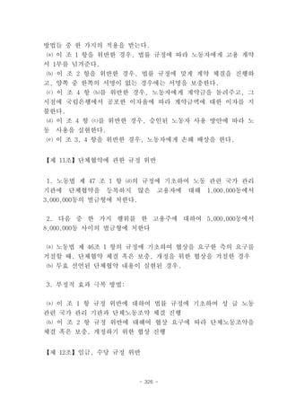 방법들 중 한 가지의 적용을 받는다.
 ⒜ 이 조 1 항을 위반한 경우, 법률 규정에 따라 노동자에게 고용 계약
서 1부를 넘겨준다.
⒝ 이 조 2 항을 위반한 경우, 법률 규정에 맞게 계약 체결을 진행하
고, 양쪽 중 한쪽의 서명이 없는 경우에는 서명을 보충한다.
 ⒞ 이 조 4 항 ⒝를 위반한 경우, 노동자에게 계약금을 돌려주고, 그
시점에 국립은행에서 공포한 이자율에 따라 계약금액에 대한 이자를 지
불한다.
 ⒟ 이 조 4 항 ⒞를 위반한 경우, 승인된 노동자 사용 방안에 따라 노
동   사용을 실현한다.
⒠ 이 조 3, 4 항을 위반한 경우, 노동자에게 손해 배상을 한다.


【제 11조】단체협약에 관한 규정 위반


1. 노동법 제 47 조 1 항 ⒟의 규정에 기초하여 노동 관련 국가 관리
기관에 단체협약을 등록하지 않은        고용자에   대해   1,000,000동에서
3,000,000동의 벌금형에 처한다.


 2. 다음 중 한 가지 행위를 한 고용주에 대하여 5,000,000동에서
8,000,000동 사이의 벌금형에 처한다


 ⒜ 노동법 제 46조 1 항의 규정에 기초하여 협상을 요구한 측의 요구를
거절할 때, 단체협약 체결 혹은 보충, 개정을 위한 협상을 거절한 경우
⒝ 무효 선언된 단체협약 내용이 실현된 경우.


3. 부정적 효과 극복 방법:


 ⒜ 이 조 1 항 규정 위반에 대하여 법률 규정에 기초하여 성 급 노동
관련 국가 관리 기관과 단체노동조약 체결 진행
⒝ 이 조 2 항 규정 위반에 대해여 협상 요구에 따라 단체노동조약을
체결 혹은 보충, 개정하기 위한 협상 진행


【제 12조】임금, 수당 규정 위반



                   - 326 -
 