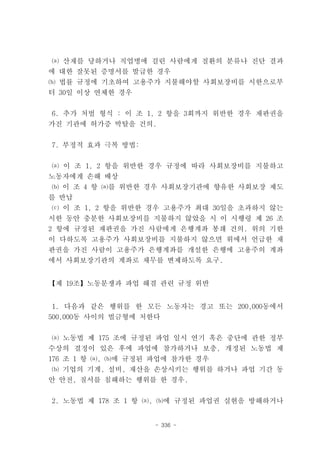 ⒜ 산재를 당하거나 직업병에 걸린 사람에게 질환의 분류나 진단 결과
에 대한 잘못된 증명서를 발급한 경우
⒝ 법률 규정에 기초하여 고용주가 지불해야할 사회보장비를 시한으로부
터 30일 이상 연체한 경우


6. 추가 처벌 형식 : 이 조 1, 2 항을 3회까지 위반한 경우 재판권을
가진 기관에 허가증 박탈을 건의.


7. 부정적 효과 극복 방법:


⒜ 이 조 1, 2 항을 위반한 경우 규정에 따라 사회보장비를 지불하고
노동자에게 손해 배상
⒝ 이 조 4 항 ⒜를 위반한 경우 사회보장기관에 향유한 사회보장 제도
를 반납
⒞ 이 조 1, 2 항을 위반한 경우 고용주가 최대 30일을 초과하지 않는
시한 동안 충분한 사회보장비를 지불하지 않았을 시 이 시행령 제 26 조
2 항에 규정된 재판권을 가진 사람에게 은행계좌 봉쇄 건의. 위의 기한
이 다하도록 고용주가 사회보장비를 지불하지 않으면 위에서 언급한 재
판권을 가진 사람이 고용주가 은행계좌를 개설한 은행에 고용주의 계좌
에서 사회보장기관의 계좌로 채무를 변제하도록 요구.


【제 19조】노동분쟁과 파업 해결 관련 규정 위반


 1. 다음과 같은 행위를 한 모든 노동자는 경고 또는 200,000동에서
500,000동 사이의 벌금형에 처한다


 ⒜ 노동법 제 175 조에 규정된 파업 일시 연기 혹은 중단에 관한 정부
수상의 결정이 있은 후에 파업에 참가하거나 보충, 개정된 노동법 제
176 조 1 항 ⒜, ⒝에 규정된 파업에 참가한 경우
 ⒝ 기업의 기계, 설비, 재산을 손상시키는 행위를 하거나 파업 기간 동
안 안전, 질서를 침해하는 행위를 한 경우.


2. 노동법 제 178 조 1 항 ⒜, ⒝에 규정된 파업권 실현을 방해하거나


                   - 336 -
 