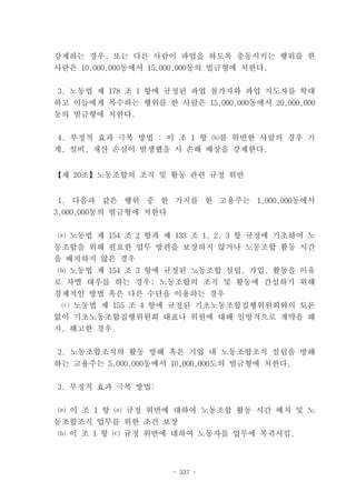 강제하는 경우, 또는 다른 사람이 파업을 하도록 충동시키는 행위를 한
사람은 10,000,000동에서 15,000,000동의 벌금형에 처한다.


3. 노동법 제 178 조 1 항에 규정된 파업 참가자와 파업 지도자를 학대
하고 이들에게 복수하는 행위를 한 사람은 15,000,000동에서 20,000,000
동의 벌금형에 처한다.


 4. 부정적 효과 극복 방법 : 이 조 1 항 ⒝를 위반한 사람의 경우 기
계, 설비, 재산 손실이 발생했을 시 손해 배상을 강제한다.


【제 20조】노동조합의 조직 및 활동 관련 규정 위반


1. 다음과 같은 행위 중 한 가지를 한 고용주는 1,000,000동에서
3,000,000동의 벌금형에 처한다


 ⒜ 노동법 제 154 조 2 항과 제 133 조 1, 2, 3 항 규정에 기초하여 노
동조합을 위해 필요한 업무 방편을 보장하지 않거나 노동조합 활동 시간
을 배치하지 않은 경우
 ⒝ 노동법 제 154 조 3 항에 규정된 노동조합 설립, 가입, 활동을 이유
로 차별 대우를 하는 경우; 노동조합의 조직 및 활동에 간섭하기 위해
경제적인 방법 혹은 다른 수단을 이용하는 경우
 ⒞ 노동법 제 155 조 4 항에 규정된 기초노동조합집행위원회와의 토론
없이 기초노동조합집행위원회 대표나 위원에 대해 일방적으로 계약을 해
지, 해고한 경우.


2. 노동조합조직의 활동 방해 혹은 기업 내 노동조합조직 설립을 방해
하는 고용주는 5,000,000동에서 10,000,000도의 벌금형에 처한다.


3. 부정적 효과 극복 방법:


 ⒜ 이 조 1 항 ⒜ 규정 위반에 대하여 노동조합 활동 시간 배치 및 노
동조합조직 업무를 위한 조건 보장
⒝ 이 조 1 항 ⒞ 규정 위반에 대하여 노동자를 업무에 복귀시킴.



                       - 337 -
 