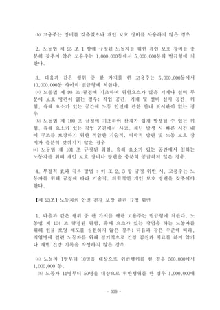 ⒝ 고용주는 장비를 갖추었으나 개인 보호 장비를 사용하지 않은 경우


2. 노동법 제 95 조 1 항에 규정된 노동자를 위한 개인 보호 장비를 충
분히 갖추지 않은 고용주는 1,000,000동에서 5,000,000동의 벌금형에 처
한다.


3. 다음과 같은 행위 중 한 가지를 한 고용주는 5,000,000동에서
10,000,000동 사이의 벌금형에 처한다.
 ⒜ 노동법 제 98 조 규정에 기초하여 위험요소가 많은 기계나 설비 부
분에 보호 방편이 없는 경우; 작업 공간, 기계 및 설비 설치 공간, 위
험, 유해 요소가 있는 공간에 노동 안전에 관한 안내 표시판이 없는 경
우
⒝ 노동법 제 100 조 규정에 기초하여 산재가 쉽게 발생될 수 있는 위
험, 유해 요소가 있는 작업 공간에서 사고, 재난 발생 시 빠른 시간 내
에 구조를 보장하기 위한 적합한 기술적, 의학적 방편 및 노동 보호 장
비가 충분히 갖춰지지 않은 경우
⒞ 노동법 제 101 조 규정된 위험, 유해 요소가 있는 공간에서 일하는
노동자를 위해 개인 보호 장비나 방편을 충분히 공급하지 않은 경우.


 4. 부정적 효과 극복 방법 : 이 조 2, 3 항 규정 위반 시, 고용주는 노
동자를 위해 규정에 따라 기술적, 의학적인 개인 보호 방편을 갖추어야
한다.


【제 23조】노동자의 안전 건강 보장 관련 규정 위반


1. 다음과 같은 행위 중 한 가지를 행한 고용주는 벌금형에 처한다. 노
동법 제 104 조 규정된 위험, 유해 요소가 있는 작업을 하는 노동자를
위해 현물 보양 제도를 실현하지 않은 경우; 다음과 같은 수준에 따라,
직업병에 걸린 노동자를 위해 정기적으로 건강 검진과 치료를 하지 않거
나 개별 건강 기록을 작성하지 않은 경우


⒜ 노동자 1명부터 10명을 대상으로 위반행위를 한 경우 500,000에서
1,000,000 동.
  ⒝ 노동자 11명부터 50명을 대상으로 위반행위를 한 경우 1,000,000에


                    - 339 -
 