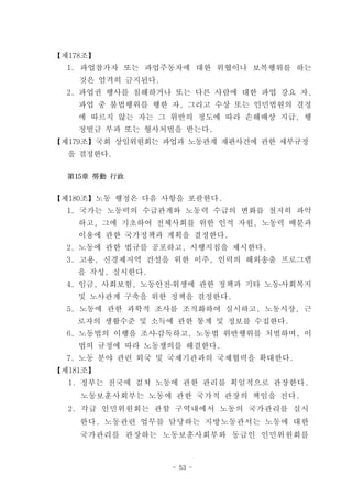 【제178조】
  1. 파업참가자 또는 파업주동자에 대한 위협이나 보복행위를 하는
    것은 엄격히 금지된다.
  2. 파업권 행사를 침해하거나 또는 다른 사람에 대한 파업 강요 자,
    파업 중 불법행위를 행한 자, 그리고 수상 또는 인민법원의 결정
    에 따르지 않는 자는 그 위반의 정도에 따라 손해배상 지급, 행
    정벌금 부과 또는 형사처벌을 받는다.
【제179조】국회 상임위원회는 파업과 노동관계 재판사건에 관한 세부규정
  을 결정한다.

  第15章 勞動 行政


【제180조】노동 행정은 다음 사항을 포괄한다.
  1. 국가는 노동력의 수급관계와 노동력 수급의 변화를 철저히 파악
    하고, 그에 기초하여 전체사회를 위한 인적 자원, 노동력 배분과
    이용에 관한 국가정책과 계획을 결정한다.
  2. 노동에 관한 법규를 공포하고, 시행지침을 제시한다.
  3. 고용, 신경제지역 건설을 위한 이주, 인력의 해외송출 프로그램
    을 작성, 실시한다.
  4. 임금, 사회보험, 노동안전․위생에 관한 정책과 기타 노동․사회복지
    및 노사관계 구축을 위한 정책을 결정한다.
  5. 노동에 관한 과학적 조사를 조직화하여 실시하고, 노동시장, 근
    로자의 생활수준 및 소득에 관한 통계 및 정보를 수집한다.
  6. 노동법의 이행을 조사․감독하고, 노동법 위반행위를 처벌하며, 이
    법의 규정에 따라 노동쟁의를 해결한다.
  7. 노동 분야 관련 외국 및 국제기관과의 국제협력을 확대한다.
【제181조】
  1. 정부는 전국에 걸쳐 노동에 관한 관리를 획일적으로 관장한다.
    노동보훈사회부는 노동에 관한 국가적 관장의 책임을 진다.
  2. 각급 인민위원회는 관할 구역내에서 노동의 국가관리를 실시
    한다. 노동관련 업무를 담당하는 지방노동관서는 노동에 대한
    국가관리를 관장하는 노동보훈사회부와 동급인 인민위원회를



                   - 53 -
 