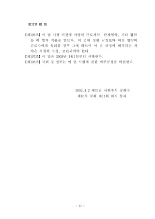 第17章 附 則


【제196조】이 법 시행 이전에 서명된 근로계약, 단체협약, 기타 협약
  은 이 법의 적용을 받는다. 이 법에 정한 규정보다 이전 협약이
  근로자에게 유리할 경우 그에 따르며 이 법 규정에 배치되는 계
  약은 적절히 수정, 보완되어야 한다
【제197조】이 법은 2003년 1월1일부터 시행한다.
【제198조】국회 및 정부는 이 법 시행에 관한 세부규정을 마련한다.




                   2002.4.2 베트남 사회주의 공화국
                    제10차 국회 제11회 회기 통과




                   - 57 -
 