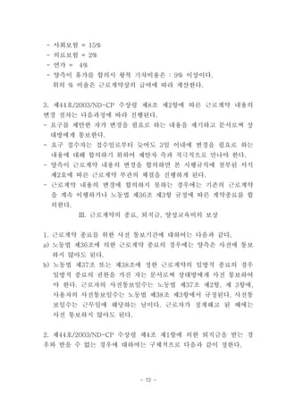 - 사회보험 = 15%
- 의료보험 = 2%
- 연가 =   4%
- 양측이 휴가를 합의시 왕복 기차비용은 : 9% 이상이다.
 위의 % 비율은 근로계약상의 급여에 따라 계산한다.


3. 제44호/2003/ND-CP 수상령 제8조 제2항에 따른 근로계약 내용의
변경 절차는 다음과정에 따라 진행된다.
- 요구를 제안한 자가 변경을 필요로 하는 내용을 제기하고 문서로써 상
 대방에게 통보한다.
- 요구 접수자는 접수일로부터 늦어도 3일 이내에 변경을 필요로 하는
 내용에 대해 합의하기 위하여 제안자 측과 적극적으로 만나야 한다.
- 양측이 근로계약 내용의 변경을 합의하면 본 시행규칙에 첨부된 서식
 제2호에 따른 근로계약 부관의 체결을 진행하게 된다.
- 근로계약 내용의 변경에 합의하지 못하는 경우에는 기존의 근로계약
 을 계속 이행하거나 노동법 제36조 제3항 규정에 따른 계약종료를 합
 의한다.
         Ⅲ. 근로계약의 종료, 퇴직금, 양성교육비의 보상


1. 근로계약 종료를 위한 사전 통보기간에 대하여는 다음과 같다.
a) 노동법 제36조에 의한 근로계약 종료의 경우에는 양측은 사전에 통보
 하지 않아도 된다.
b) 노동법 제37조 또는 제38조에 정한 근로계약의 일방적 종료의 경우
  일방적 종료의 권한을 가진 자는 문서로써 상대방에게 사전 통보하여
  야 한다. 근로자의 사전통보일수는 노동법 제37조 제2항, 제 3항에,
  사용자의 사전통보일수는 노동법 제38조 제3항에서 규정된다. 사전통
  보일수는 근무일에 해당하는 날이다. 근로자가 징계해고 된 때에는
  사전 통보하지 않아도 된다.


2. 제44호/2003/ND-CP 수상령 제4조 제1항에 의한 퇴직금을 받는 경
우와 받을 수 없는 경우에 대하여는 구체적으로 다음과 같이 정한다.




                    - 72 -
 