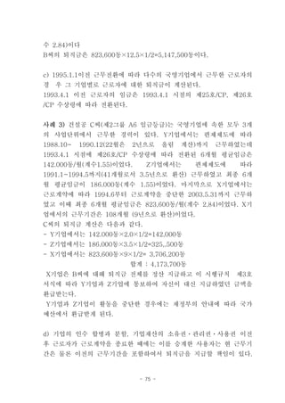 수 2.84)이다
B씨의 퇴직금은 823,600동×12.5×1/2=5,147,500동이다.


c) 1995.1.1이전 근무전환에 따라 다수의 국영기업에서 근무한 근로자의
경   우 그 기업별로 근로자에 대한 퇴직금이 계산된다.
1993.4.1 이전 근로자의 임금은 1993.4.1 시점의 제25호/CP, 제26호
/CP 수상령에 따라 전환된다.


사례 3) 건설공 C씨(제2그룹 A6 임금등급)는 국영기업에 속한 모두 3개
의 사업단위에서 근무한 경력이 있다. Y기업에서는 편제제도에 따라
1988.10~   1990.12(22월은   2년으로       올림   계산)까지   근무하였는데
1993.4.1 시점에 제26호/CP 수상령에 따라 전환된 6개월 평균임금은
142.000동/월(계수1.55)이었다.        Z기업에서는        편제제도에     따라
1991.1~1994.5까지(41개월로서 3.5년으로 환산) 근무하였고 최종 6개
월 평균임금이 186.000동(계수 1.55)이었다. 마지막으로 X기업에서는
근로계약에 따라 1994.6부터 근로계약을 중단한 2003.5.31까지 근무하
였고 이때 최종 6개월 평균임금은 823,600동/월(계수 2,84)이었다. X기
업에서의 근무기간은 108개월 (9년으로 환산)이었다.
C씨의 퇴직금 계산은 다음과 같다.
- Y기업에서는 142.000동×2.0×1/2=142,000동
- Z기업에서는 186.000동×3.5×1/2=325,.500동
- X기업에서는 823,600동×9×1/2= 3,706,200동
                          합계 : 4,173,700동
X기업은 B씨에 대해 퇴직금 전체를 정산 지급하고 이 시행규칙                   제3호
서식에 따라 Y기업과 Z기업에 통보하여 자신이 대신 지급하였던 금액을
환급받는다.
Y기업과 Z기업이 활동을 중단한 경우에는 재정부의 안내에 따라 국가
예산에서 환급받게 된다.


d) 기업의 인수 합병과 분할, 기업재산의 소유권ㆍ관리권ㆍ사용권 이전
후 근로자가 근로계약을 종료한 때에는 이를 승계한 사용자는 현 근무기
간은 물론 이전의 근무기간을 포함하여서 퇴직금을 지급할 책임이 있다.


                            - 75 -
 