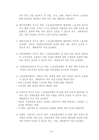 거나 혹은 직접 공포하고 각 기업, 조직, 단체, 개인이 다수의 노동자를
 위해 일자리를 창출하기 위한 다른 격려 방법들을 적용한다.


⒝ 베트남은행이 주도가 되어, 노동보훈사회부와 협력하여 노동자가 일시적
 으로 해외 근무를 가거나 스스로 일자리를 창출하게 하기 위해 자금을 대
 출해주는 결정에 따라 이를 정부가 공포할 수 있도록 연구, 제출하거나
 혹은 직접 공포하고 다수의 노동력 흡수를 장려한다.


⒞ 과학기술부가 주도가 되어, 노동보훈사회부와 협력하여 다수의 노동자를
 수용하는 새로운 기술발전격려정책 결정에 따라 이를 정부가 공포할 수
 있도록 연구, 제출하거나 직접 공포한다.


⒟ 민족위원회가 주도가 되어, 노동보훈사회부 및 연관 부와 부문과 협력하
 여 소수민족을 수용하기 위한 일자리 해결에 관한 우대정책 결정에 따라
 이를 정부가 공포할 수 있도록 연구, 제출하거나 혹은 직접 공포한다.


⒟’농업농촌발전부가 주도가 되어, 노동보훈사회부 및 연관 부와 부문과 협
  력하여 농촌지역의 일자리 창출 격려정책을 연구하여 공포한다.


⒠ 노동보훈사회부는 다음과 같은 결정에 따라 결정 사항을 정부가 공포할
 수 있도록 연구, 제출하거나 혹은 직접 공포할 책임이 있다
- 여성 노동자와 장애인 노동자를 위한 일자리 해결 지원정책
- 노동자를 위한 일자리 창출과 재창출 정책.


⒢ 교육부가 주도가 되어, 노동보훈사회부 및 연관 부와 부문과 협력하여 다
 음과 같은 정책결정에 따라 결정 사항을 정부가 공포할 수 있도록 연구,
 제출하거나 혹은 직접 공포한다
- 새로운 기술발전에 응하는 실력을 고양시키기 위해 학습하고 노력하는 노
 동자를 격려하는 정책;
- 각 대학, 전문직업 중 고등학교를 졸업한 학생을 위한 일자리 해결정책.


⒣ 국방부, 공안부가 주도가 되어, 노동보훈사회부 및 연관 부와 부문과 협
 력하여 의무를 다한 군인, 인민공안을 위한 일자리 해결정책 결정에 따라
 이를 정부가 공포할 수 있도록 연구, 작성, 제출하거나 직접 공포한다.




                    - 79 -
 