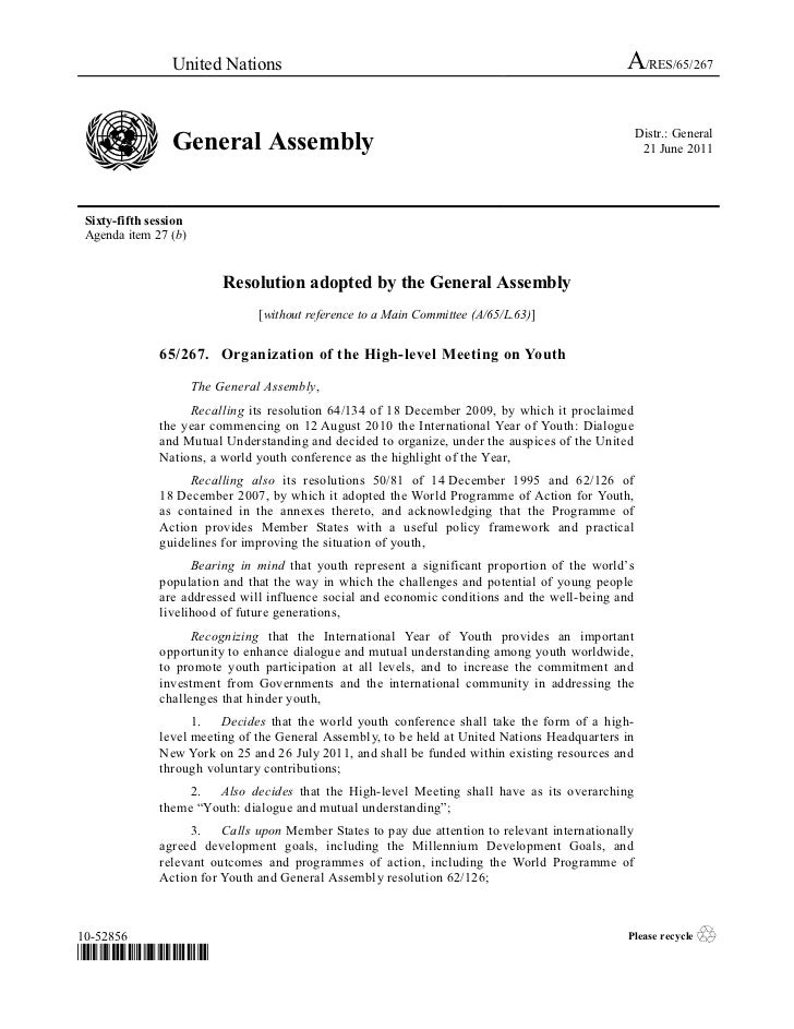 2011 General Assembly Resolution on the Organization of the Highle…