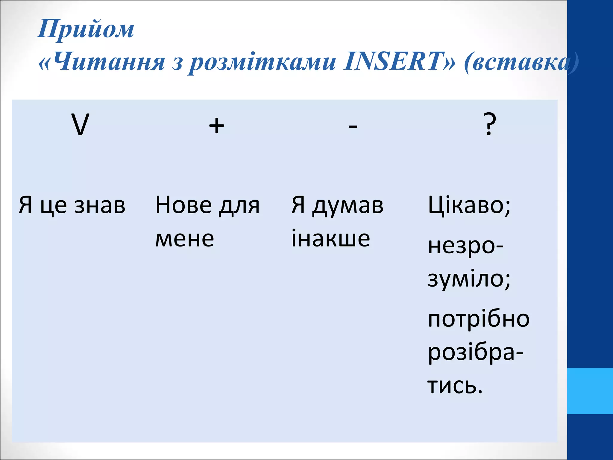 Прийом
«Читання з розмітками INSERT» (вставка)
V + - ?
Я це знав Нове для
мене
Я думав
інакше
Цікаво;
незро-
зуміло;
потрібно
розібра-
тись.
 