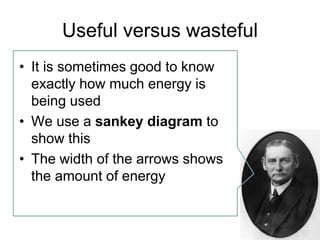 Useful versus wasteful
• It is sometimes good to know
exactly how much energy is
being used
• We use a sankey diagram to
show this
• The width of the arrows shows
the amount of energy
 