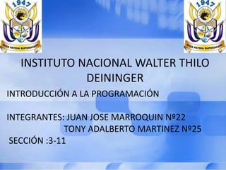 INSTITUTO NACIONAL WALTER THILO
              DEININGER
INTRODUCCIÓN A LA PROGRAMACIÓN

INTEGRANTES: JUAN JOSE MARROQUIN Nº22
              TONY ADALBERTO MARTINEZ Nº25
 SECCIÓN :3-11
 