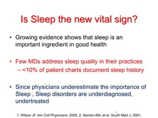 71
Is Sleep the new vital sign?
• Growing evidence shows that sleep is an
important ingredient in good health
• Few MDs address sleep quality in their practices
– <10% of patient charts document sleep history
• Since physicians underestimate the importance of
Sleep , Sleep disorders are underdiagnosed,
undertreated
1. Wilson JF. Am Coll Physicians; 2005; 2. Namen AM, et al. South Med J; 2001.
 