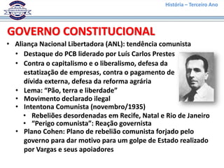 História – Terceiro Ano
• Aliança Nacional Libertadora (ANL): tendência comunista
GOVERNO CONSTITUCIONAL
• Destaque do PCB liderado por Luís Carlos Prestes
• Contra o capitalismo e o liberalismo, defesa da
estatização de empresas, contra o pagamento de
dívida externa, defesa da reforma agrária
• Lema: “Pão, terra e liberdade”
• Movimento declarado ilegal
• Intentona Comunista (novembro/1935)
• Rebeliões desordenadas em Recife, Natal e Rio de Janeiro
• “Perigo comunista”: Reação governista
• Plano Cohen: Plano de rebelião comunista forjado pelo
governo para dar motivo para um golpe de Estado realizado
por Vargas e seus apoiadores
 