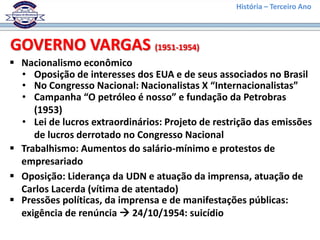 História – Terceiro Ano
 Nacionalismo econômico
GOVERNO VARGAS (1951-1954)
• Oposição de interesses dos EUA e de seus associados no Brasil
• No Congresso Nacional: Nacionalistas X “Internacionalistas”
 Trabalhismo: Aumentos do salário-mínimo e protestos de
empresariado
 Oposição: Liderança da UDN e atuação da imprensa, atuação de
Carlos Lacerda (vítima de atentado)
• Campanha “O petróleo é nosso” e fundação da Petrobras
(1953)
• Lei de lucros extraordinários: Projeto de restrição das emissões
de lucros derrotado no Congresso Nacional
 Pressões políticas, da imprensa e de manifestações públicas:
exigência de renúncia  24/10/1954: suicídio
 