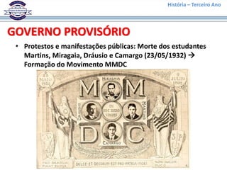 História – Terceiro Ano
GOVERNO PROVISÓRIO
• Protestos e manifestações públicas: Morte dos estudantes
Martins, Miragaia, Dráusio e Camargo (23/05/1932) 
Formação do Movimento MMDC
 
