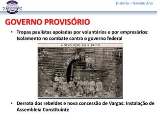 História – Terceiro Ano
GOVERNO PROVISÓRIO
• Tropas paulistas apoiadas por voluntários e por empresários:
Isolamento no combate contra o governo federal
• Derrota dos rebeldes e nova concessão de Vargas: Instalação de
Assembleia Constituinte
 