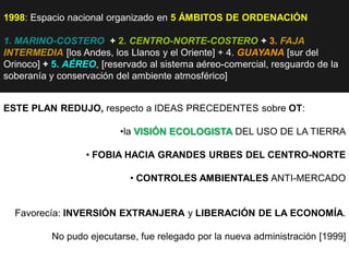1998: Espacio nacional organizado en 5 ÁMBITOS DE ORDENACIÓN

1. MARINO-COSTERO + 2. CENTRO-NORTE-COSTERO + 3. FAJA
INTERMEDIA [los Andes, los Llanos y el Oriente] + 4. GUAYANA [sur del
Orinoco] + 5. AÉREO, [reservado al sistema aéreo-comercial, resguardo de la
soberanía y conservación del ambiente atmosférico]


ESTE PLAN REDUJO, respecto a IDEAS PRECEDENTES sobre OT:

                          •la VISIÓN ECOLOGISTA DEL USO DE LA TIERRA

                  • FOBIA HACIA GRANDES URBES DEL CENTRO-NORTE

                            • CONTROLES AMBIENTALES ANTI-MERCADO


  Favorecía: INVERSIÓN EXTRANJERA y LIBERACIÓN DE LA ECONOMÍA.

          No pudo ejecutarse, fue relegado por la nueva administración [1999]
 