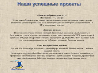 -    «Копилка добрых надежд 2011»
                                    Итоги акции – 413 000 грн
      38 –ми тяжелобольным детям оказана своевременная медицинская помощь: лекарственные
    препараты и оплата операций. Еще 27-ти детям проведено компьютерное обследование МРТ и
                                   КТ в медицинских центрах.

                                          «Доказано жизнью»
    -     После многомесячного лечения, операций, бесконечных капельниц, химий, тошноты и
     боли, победив страх и отчаяние, по данным отделения онкогематологии ООДКБ, за последние 4
     года более 200 детей и подростков выписаны из отделения ЗДОРОВЫМИ. Часть суммы на УЗИ
               для отделения онкогематологии собрана от проданных билетов и копилок.
                                            -
                                   «День выздоровевшего ребѐнка»
-    Два дня, 10 и 11 сентября в лагере «Сказочный» будут жить более 60 семей из всех районов
                                          Одесской области.
     Волонтеры и сотрудники БФ «Парус надежды» подготовили для них большую разнообразную
    программу, в которой морская прогулка, концерты и мастер-классы по рукоделию, праздничный
           ужин с фейерверком и файер-шоу, шашлыки на свежем воздухе и многое другое.




     помогите помогать!
 