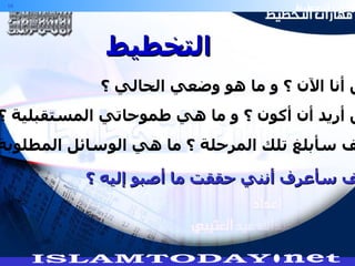 أين أنا الآن ؟ و ما هو وضعي الحالي ؟ أين أريد أن أكون ؟ و ما هي طموحاتي المستقبلية ؟ كيف سأبلغ تلك المرحلة ؟ ما هي الوسائل المطلوبة ؟ كيف سأعرف أنني حققت ما أصبو إليه ؟ التخطيط 