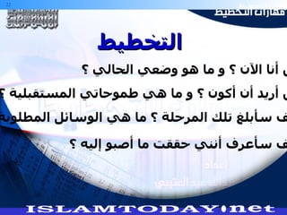 أين أنا الآن ؟ و ما هو وضعي الحالي ؟ أين أريد أن أكون ؟ و ما هي طموحاتي المستقبلية ؟ كيف سأبلغ تلك المرحلة ؟ ما هي الوسائل المطلوبة ؟ كيف سأعرف أنني حققت ما أصبو إليه ؟ التخطيط 