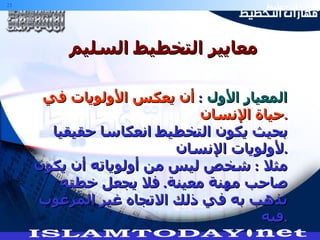 المعيار الأول   :  أن يعكس الأولويات في حياة الإنسان . بحيث يكون التخطيط انعكاسا حقيقيا لأولويات الإنسان . مثلا  :  شخص ليس من أولوياته أن يكون صاحب مهنة معينة .  فلا يجعل خطته تذهب به في ذلك الاتجاه غير المرغوب فيه . معايير التخطيط السليم 