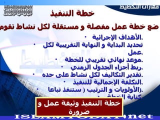 خطة التنفيذ ضع خطة عمل مفصلة و مستقلة لكل نشاط تقوم به الأهداف الإجرائية . تحديد البداية و النهاية التقريبية لكل عمل . موعد نهائي تقريبي للخطة . ربط أجزاء الجدول الزمني . تقدير التكاليف لكل نشاط على حده . التكلفة الإجمالية للتنفيذ . الأولويات و الترتيب  (  ستنفذ تباعا  ). كتابة الخطة . خطة التنفيذ وثيقة عمل و ضرورة 