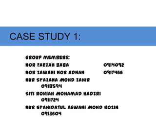 CASE STUDY 1:

  Group members:
  Nor Faezah Baba            0914092
  Nor Zawani Nor Adnan       0917466
  Nur Syazana Mohd Zahir
        0918594
  Siti Rokiah Mohamad Hadzri
        0911724
  Nur Syahidatul Aswani Mohd Rozin
        0913604
 